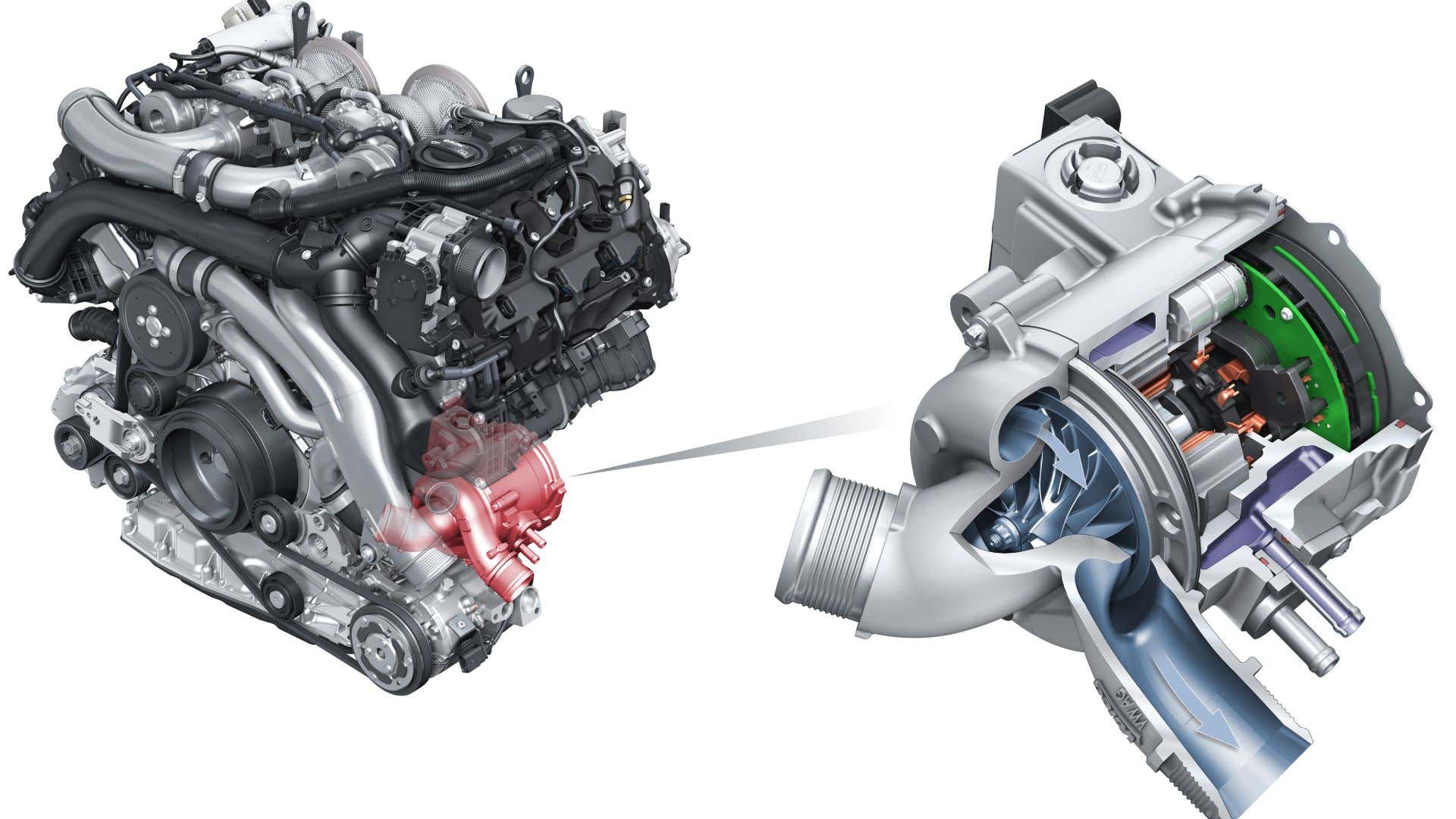 A diagram of an e-Turbocharger. e-涡轮增压器的示意图。