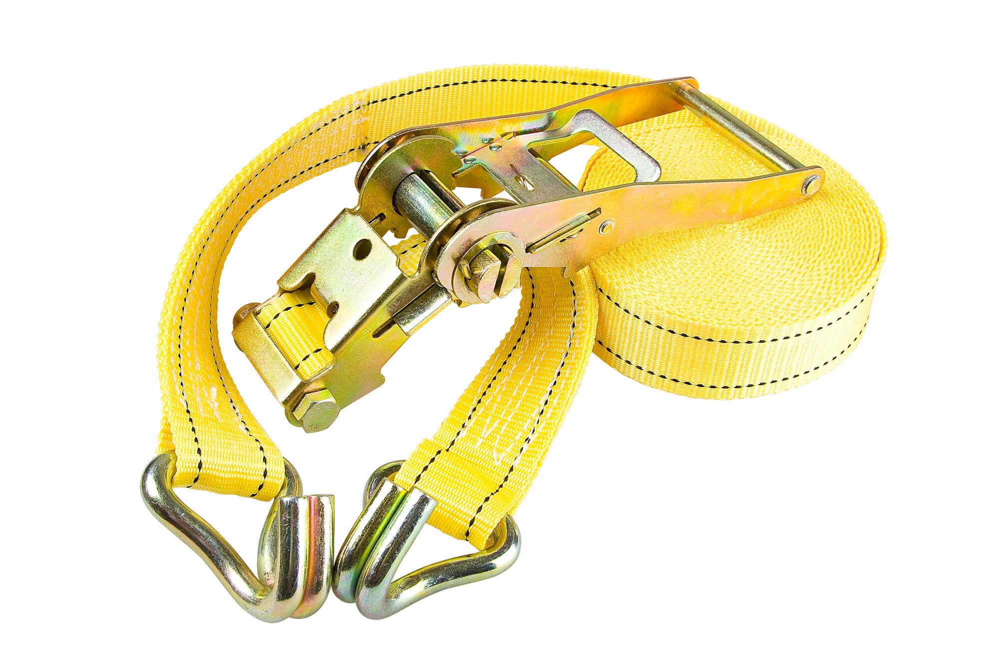 Yellow Ratchet truck cargo tie downs on white backround 黄色棘轮卡车货物领带在白色backround上