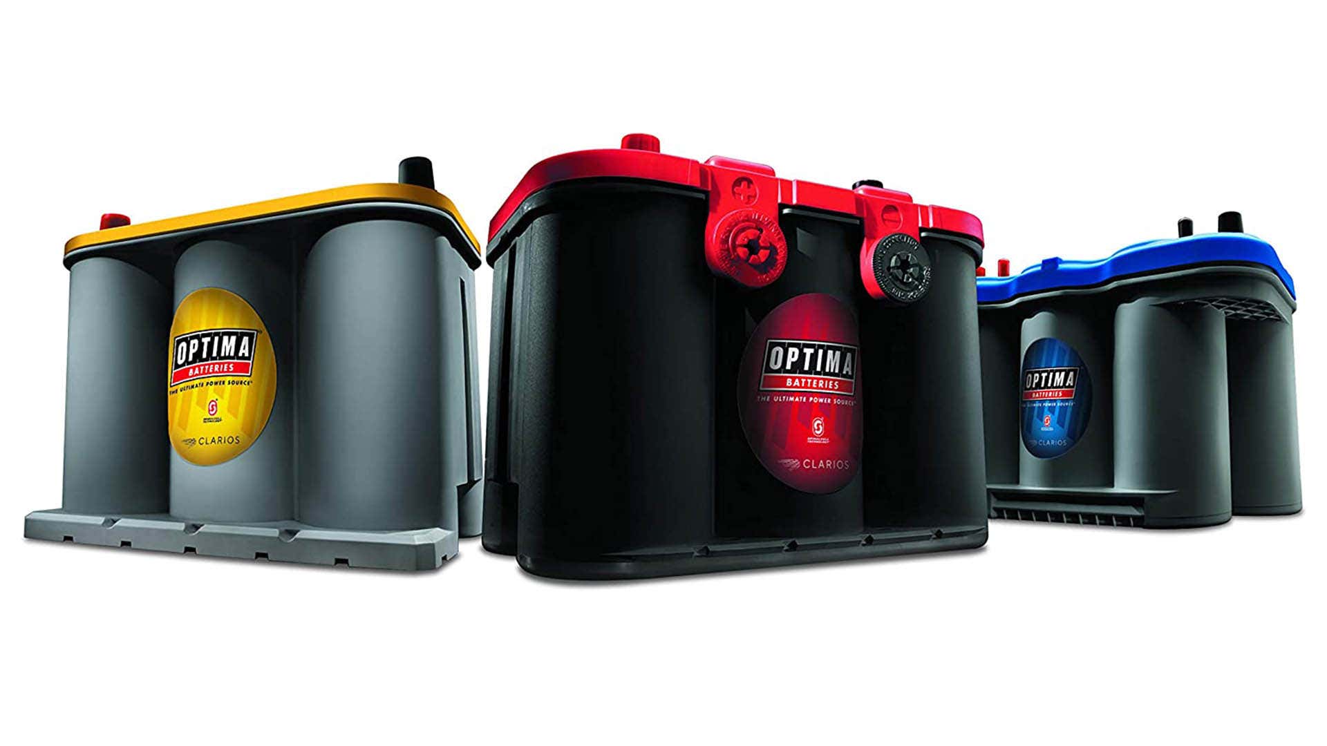 Yellow, red, and blue Optima batteries. 黄色,红色和蓝色最佳电池。