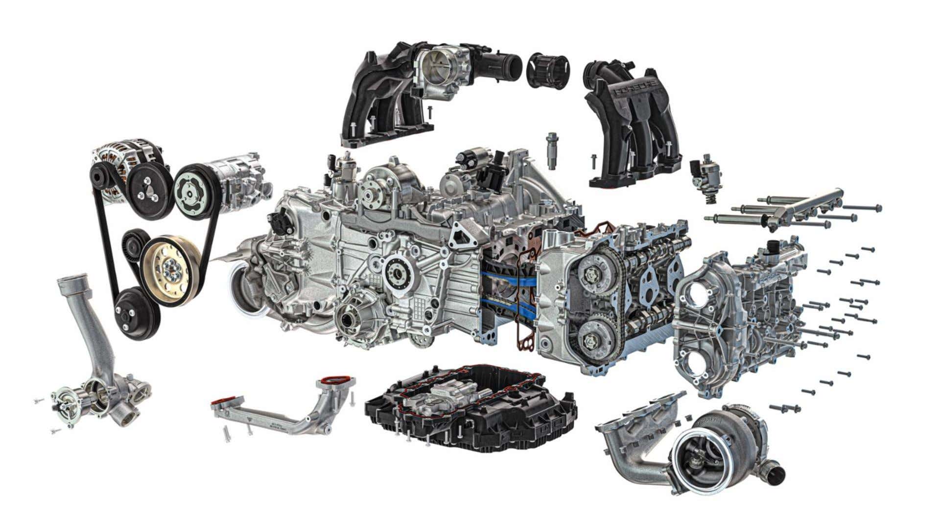 Parts of a Porsche 718 boxer engine are exploded to show its design. 保时捷718水平对置发动机的部件的分解,以显示它的设计。