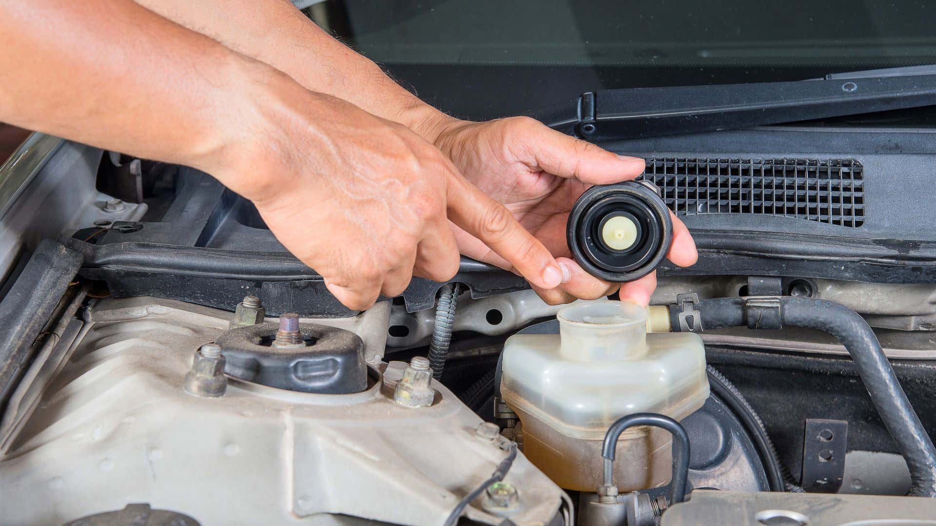 Person pointing to where brake fluid goes. 指向制动液的位置的人。