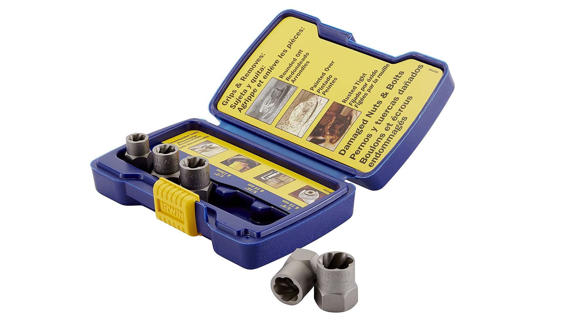 A 5-piece Irwin socket set in a blue and yellow case. 一个五件套的欧文插座,装在蓝黄相间的盒子里。