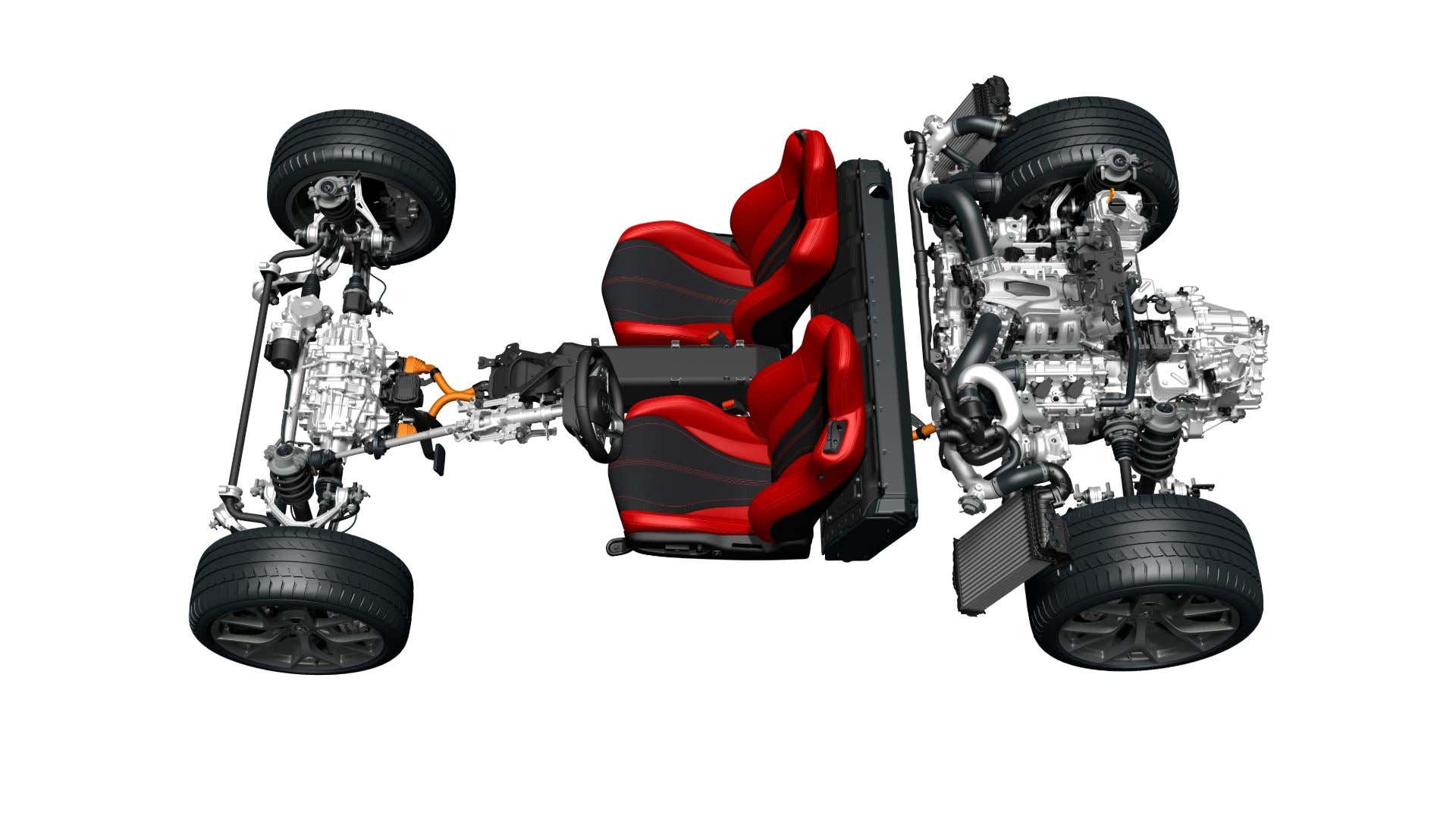 An overlay of Acura's hybrid NSX chassis. 阿库拉的混合NSX底盘覆盖。
