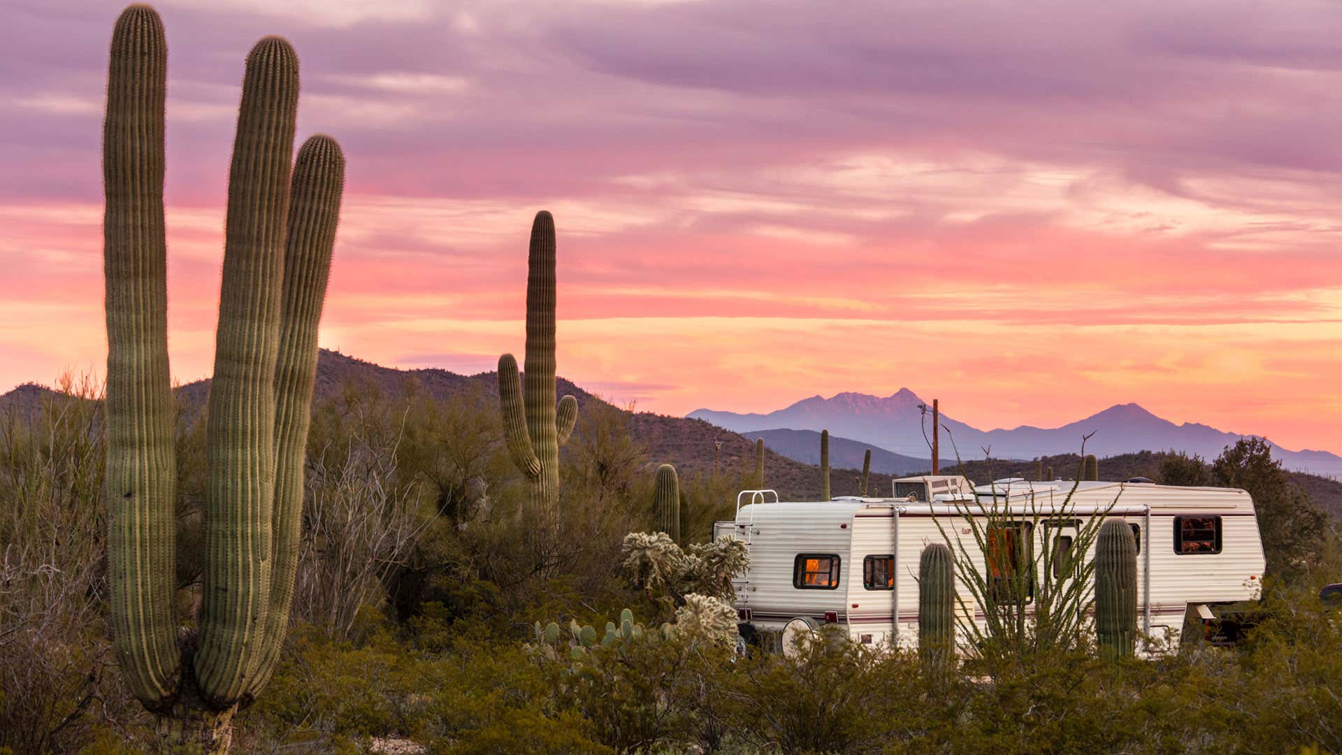 A fifth-wheel RV is parked amongst cacti in the desert. 第五轮RV停放在沙漠中的仙人掌中。