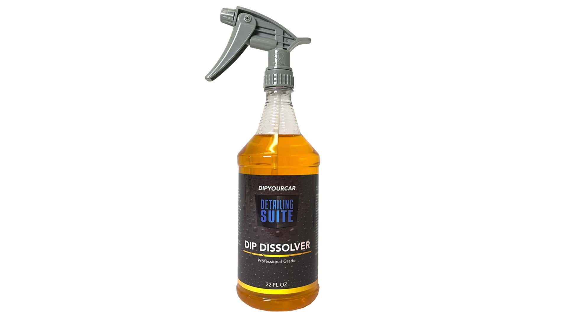 A bottle of Dip Dissolver against a white background. 一瓶反对白色背景的浸的抹布。