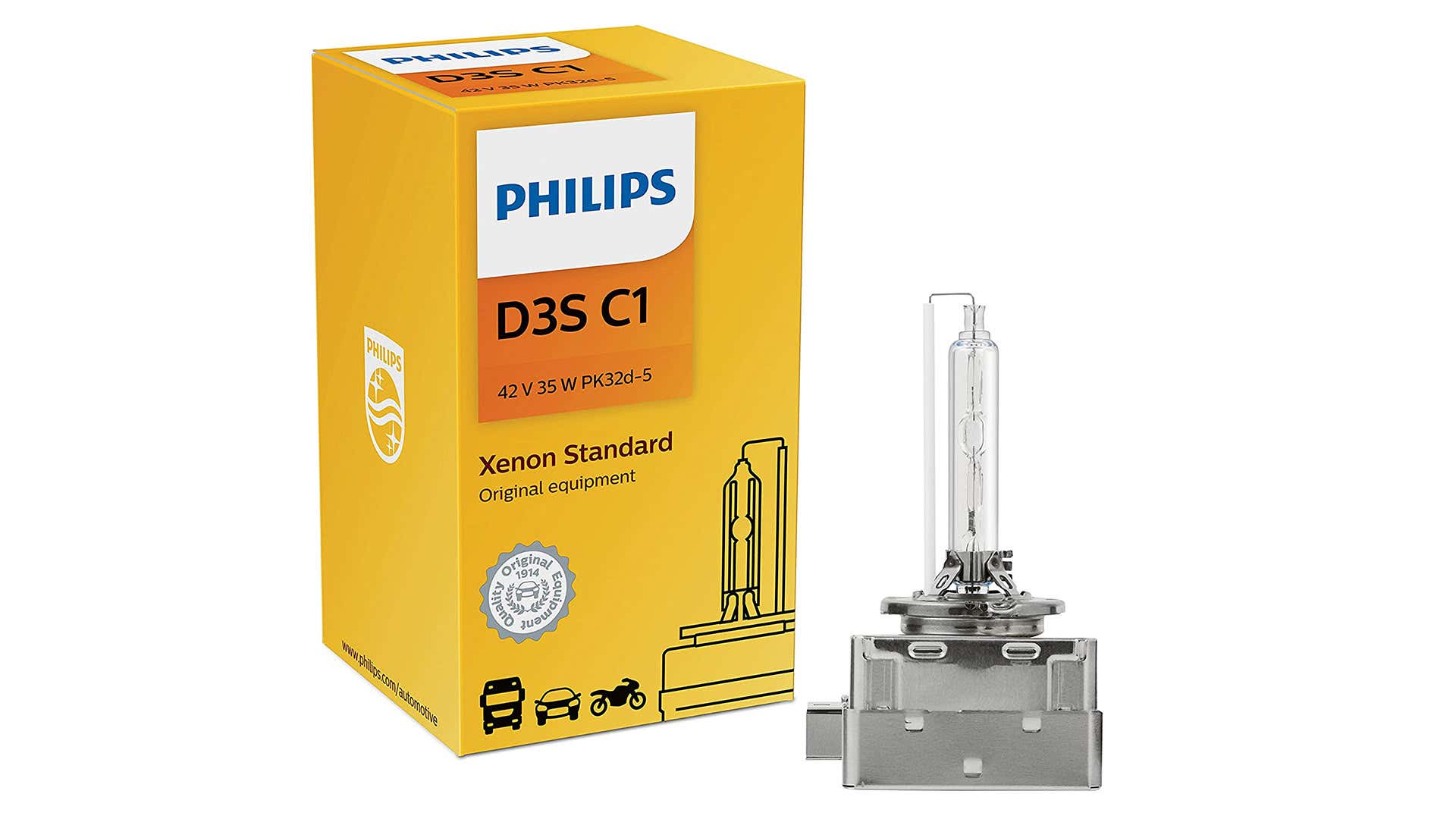 A Philips HID bulb and its yellow box on a white background. 飞利浦HID电灯泡和它的在白色背景的黄色箱子。