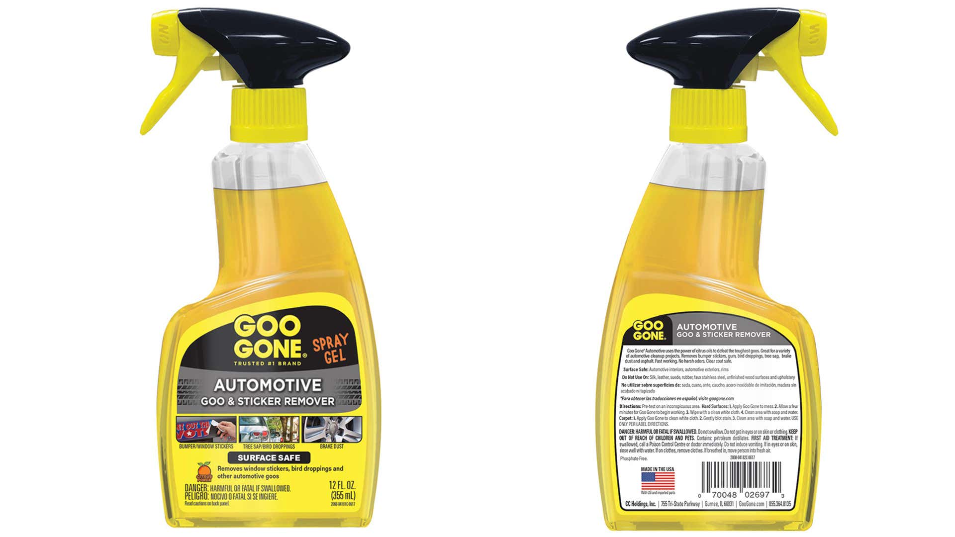 A bottle of Goo Gone Automotive on a white backdrop. 白色背景下一瓶Goo Gone Automotive。