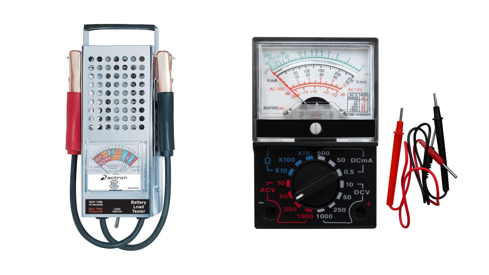 A battery load tester and a multimeter on a white backdrop. 白色背景上的电池负载测试仪和万用表。