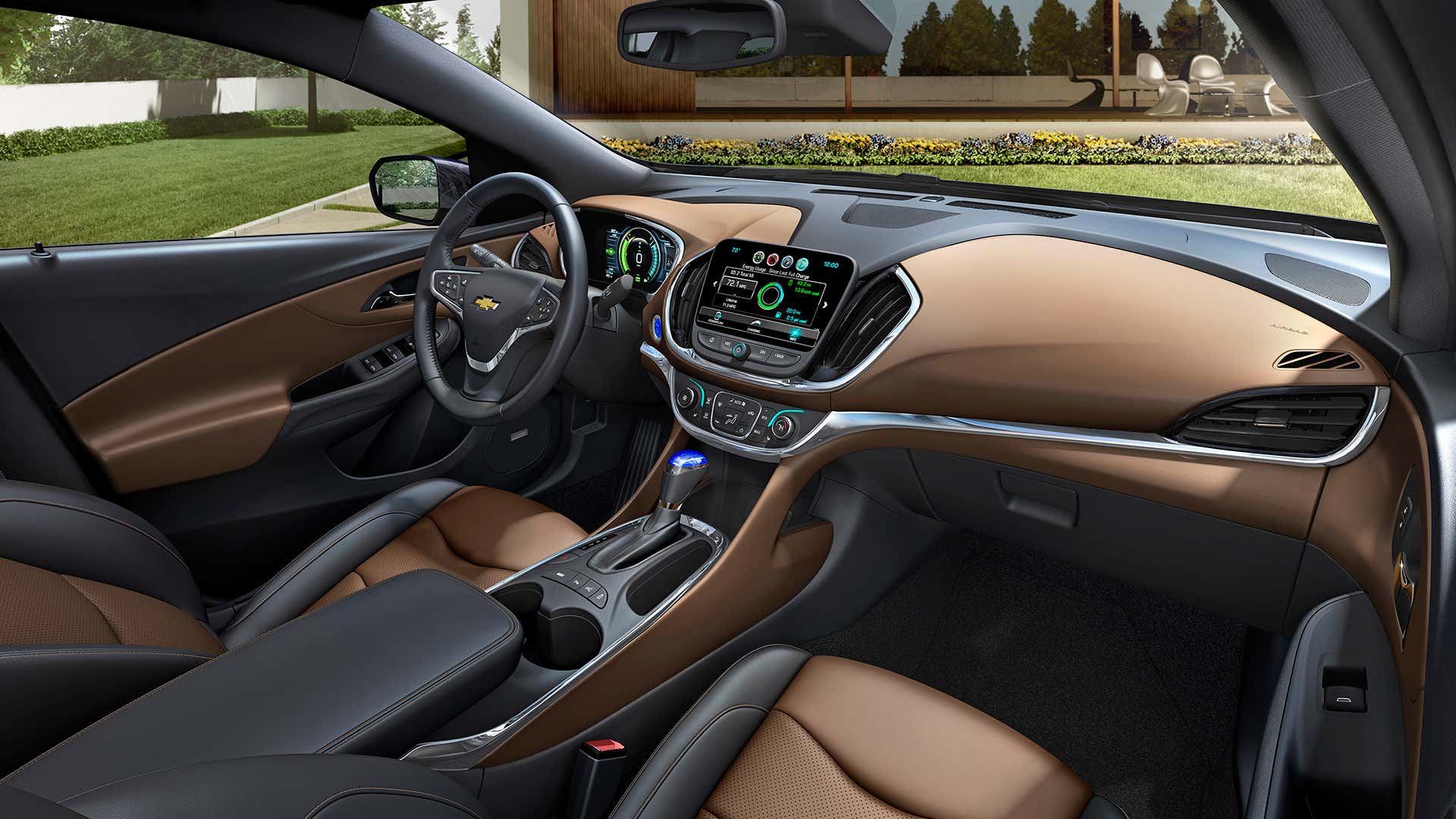 A Chevy Volt's interior front cabin. 雪佛兰沃蓝达的内饰前舱。