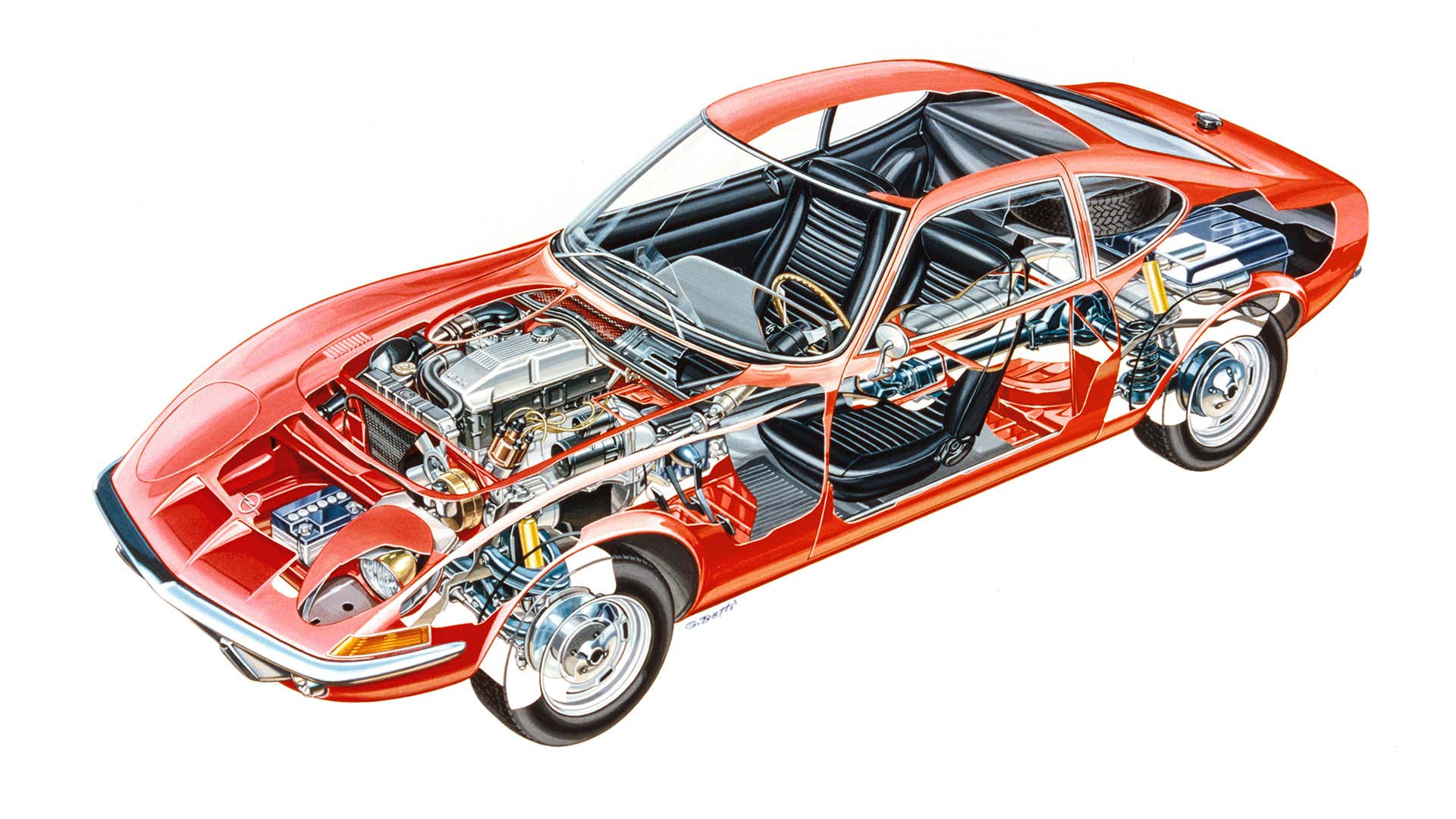 A cutout of an Opel GT. 一辆欧宝GT的剖面图。