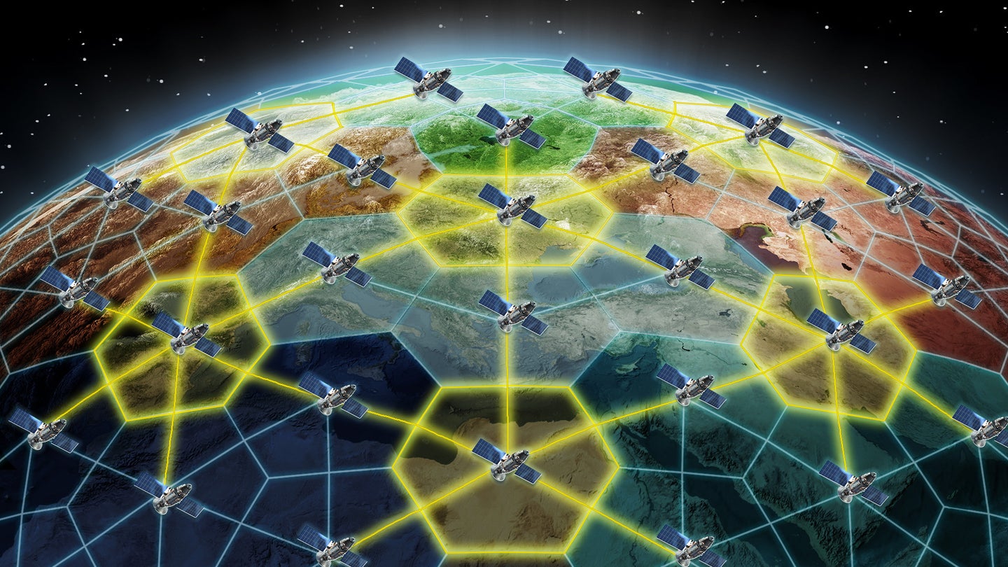 与美国国防部高级研究计划局的天基自适应通信节点(Space-BACN)相关的艺术品。