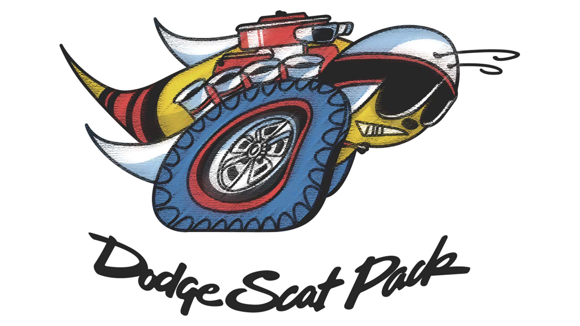 Dodge Scat Pack bee的特点是轮胎，引擎部件，头盔和护目镜作为设计的一部分。
